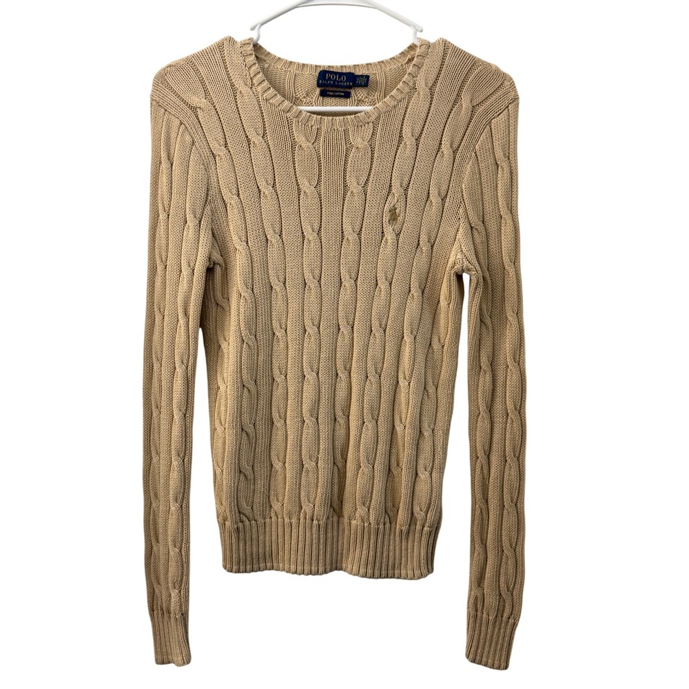 Polo Ralph Lauren Tan Beige Pima Cotton Cable Knit Crewneck Sweater Womens Small